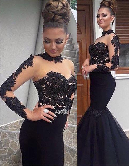 Gorgeous Long Sleeves Black High Neck Prom Dress Mermaid WIth Lace Appliques