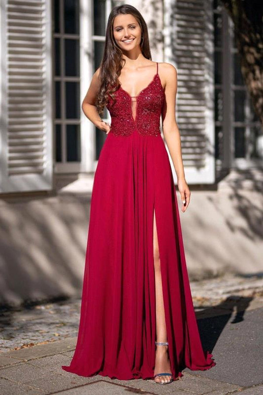 Amazing Spaghetti-Straps V-Neck Long Prom Dress Slit With Appliques