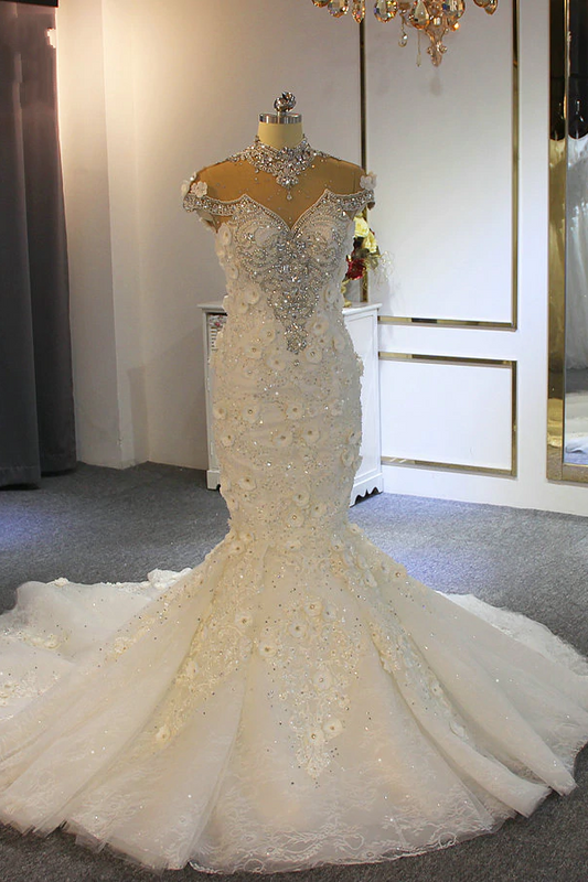 Elegant Mermaid Gown with High Neck, Crystal Tulle, and Lace Appliques