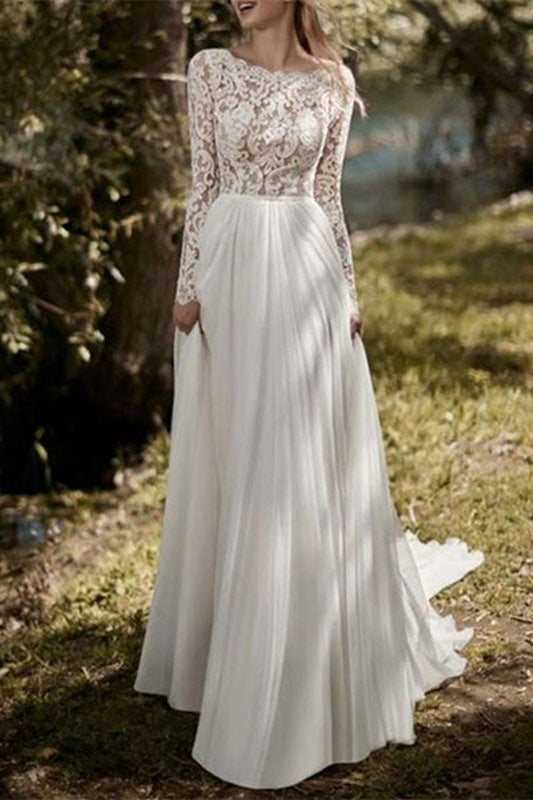 Chiffon Wedding Dress with Long Lace Sleeves