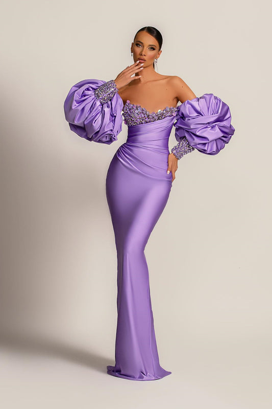 Glamorous Lilac Bubble Long Sleeves Prom Dresses Mermaid Sweetheart With Sequins
