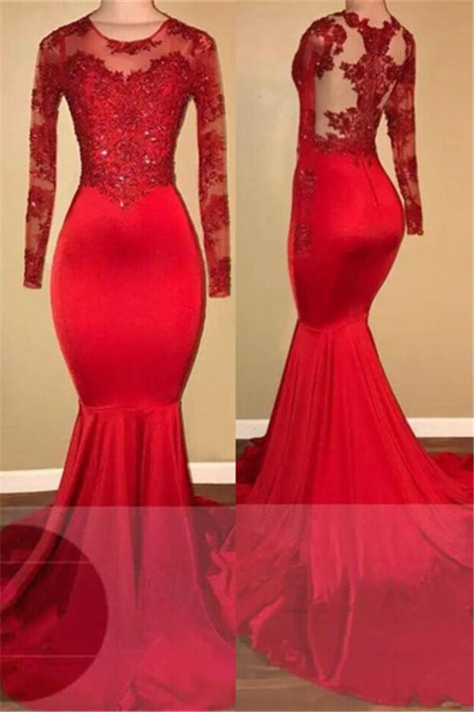 Red Long Sleeves Prom Dress Mermaid With Lace Appliques