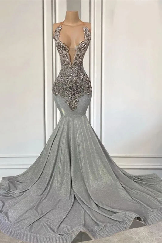 Gorgeous Silver Halter Mermaid Prom Dress Sleeveless Long With Beadings