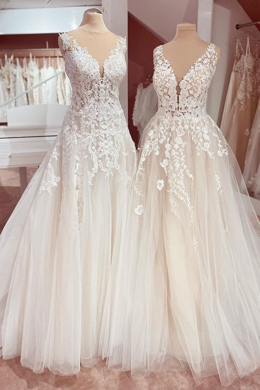 Elegant Floor-length A-Line Wedding Dress in Deep V-neck with Lace and Tulle Appliques