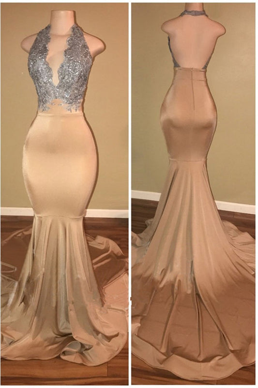 Classic Halter Backless Mermaid Prom Dress Long With Sequins Appliques