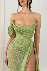 Modern Sage Green Strapless Mermaid Prom Dress With High Split
