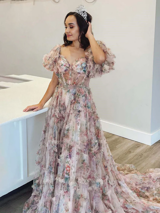 Off-the-Shoulder Puff Sleeves A Line Long Prom Dress with Tulle