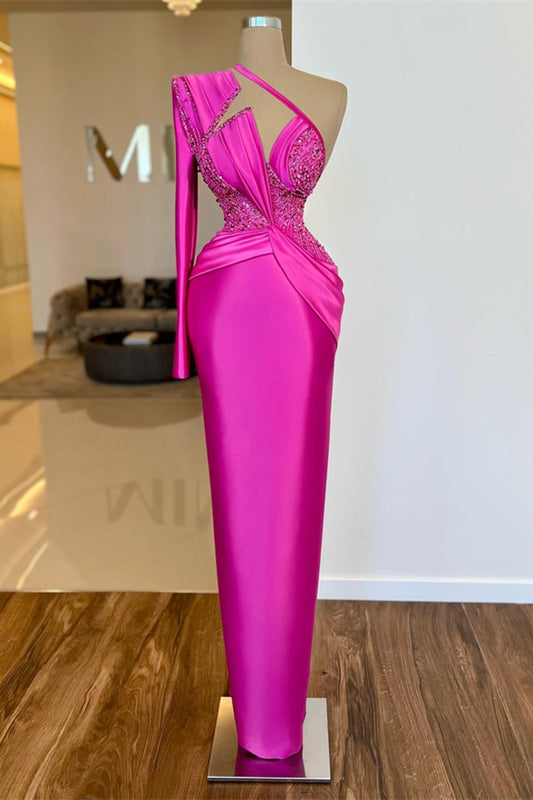 Stunning Hot Pink One Shoulder Long Sleeves Prom Dresses Mermaid Long With Beads