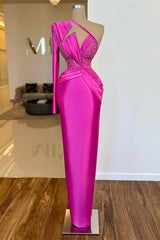 Stunning Hot Pink One Shoulder Long Sleeves Prom Dresses Mermaid Long With Beads