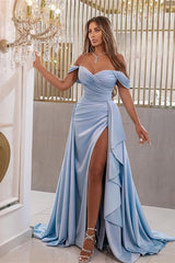 Gorgeous Sky Blue Off-the-Shoulder Mermaid Prom Dress Split Long With Ruffles