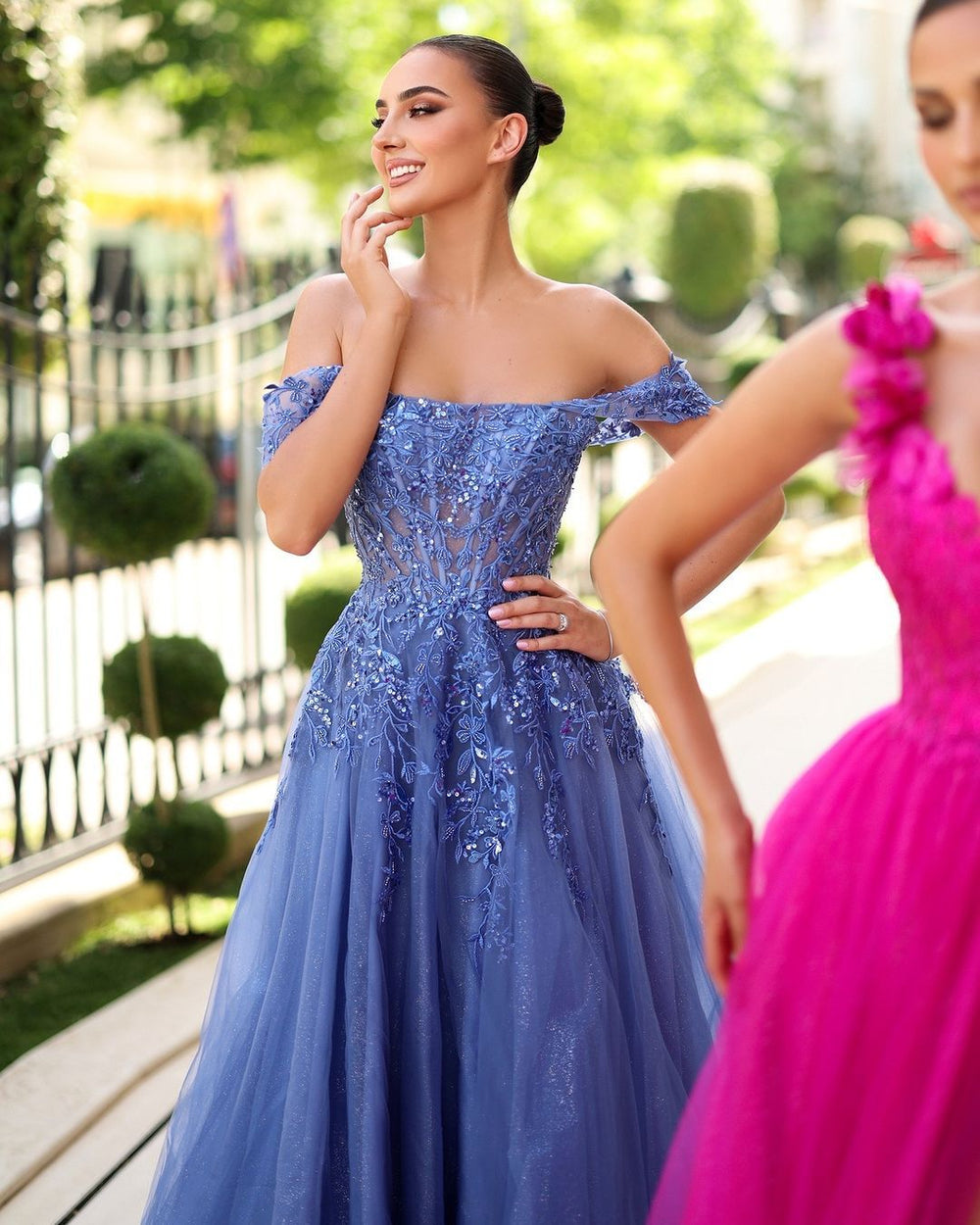 Blue Off-the-shoulder A Line Prom Dress with Lace