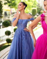 Blue Off-the-shoulder A Line Prom Dress with Lace
