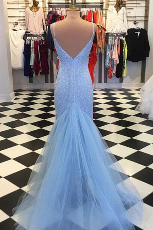 Gorgeous Spaghetti-Straps Sky Blue Mermaid Prom Dress Sequins Long Tulle