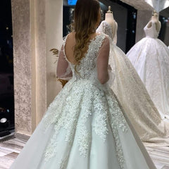 Elegant V-neck Lace Appliques Tulle A-Line Bridal Gown Featuring Puffy Long Sleeves