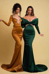 Emerald Green Prom Dress Off the Shoulder Sexy V Neck Mermaid Gown