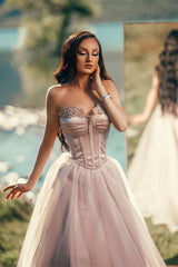 Charming Silver Long Evening Dress Off-the-Shoulder Sleeveless with Applique Tulle Pleated