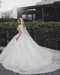 Elegant V-neck Princess Wedding Dress with Long Lace Appliques and Tulle
