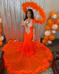 Classic Orange Long Sleeves Prom Dress Mermaid V-Neck With Crystals Feathers
