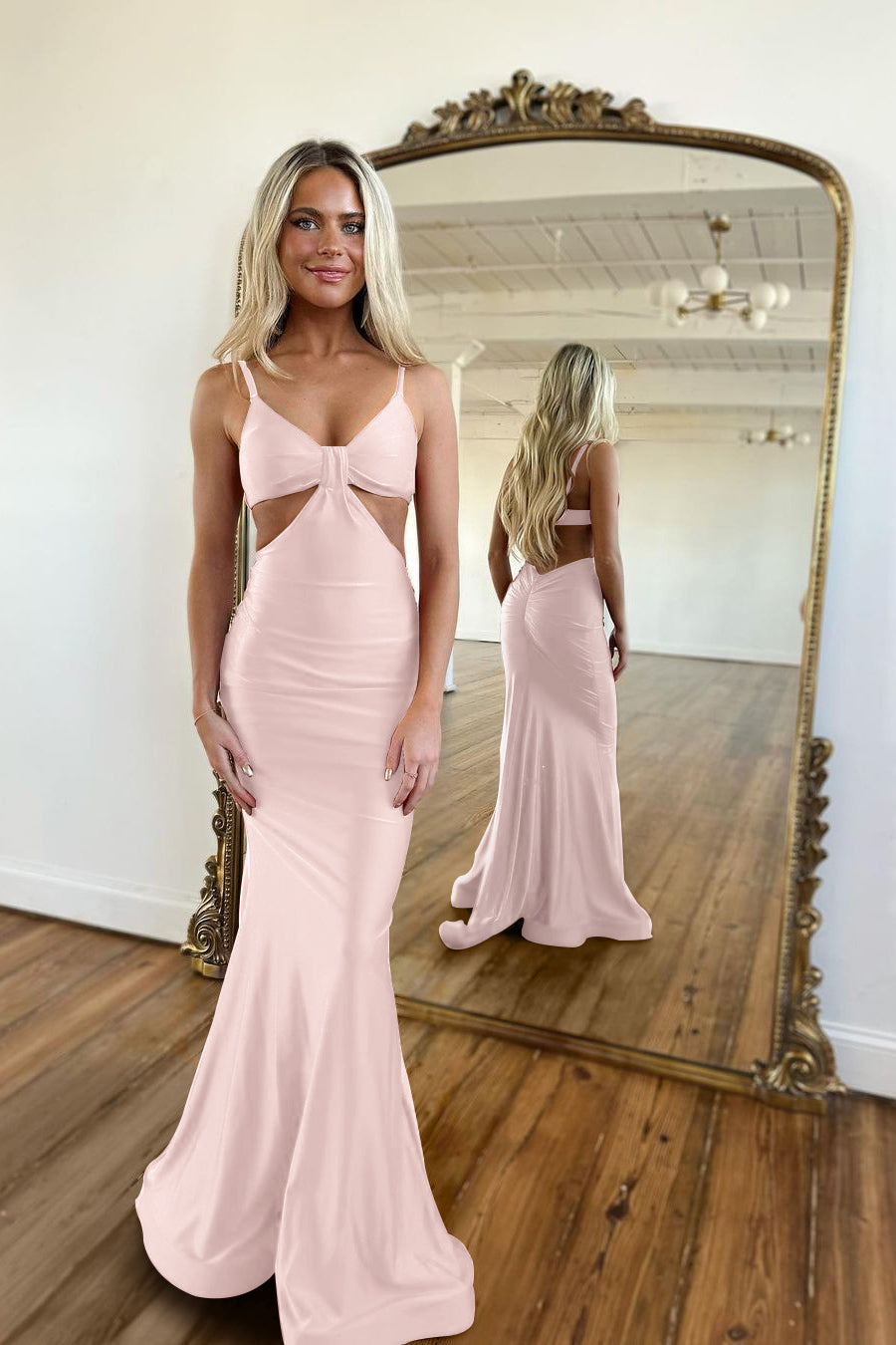 Red Simple Prom Dress Long Spaghetti Straps Mermaid V Neck Backless