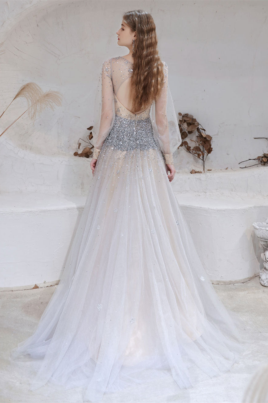 Gorgeous Long Sleeves Fairy Tulle Prom Dress Long With Beads V-Neck
