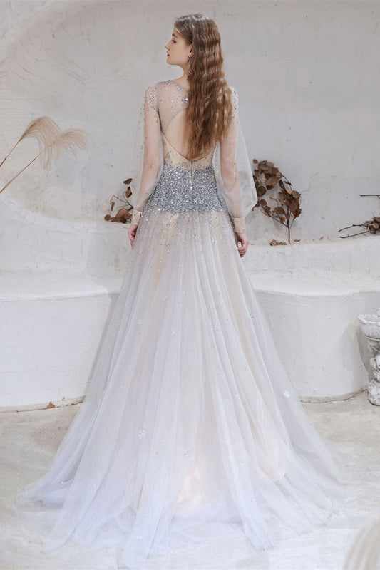 Gorgeous Long Sleeves Fairy Tulle Prom Dress Long With Beads V-Neck