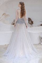 Gorgeous Long Sleeves Fairy Tulle Prom Dress Long With Beads V-Neck