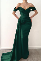 Red Mermaid Beadings V-Neck Off-the-Shoulder Prom Dress Long with Ruffles