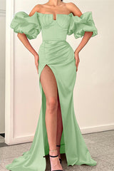 Fuchsia Strapless Off-the-Shoulder Puff Sleeves Mermaid Evening Dress with Split