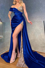  One-Shoulder Sweetheart Mermaid Prom Dress Pleated with Split and Beadings