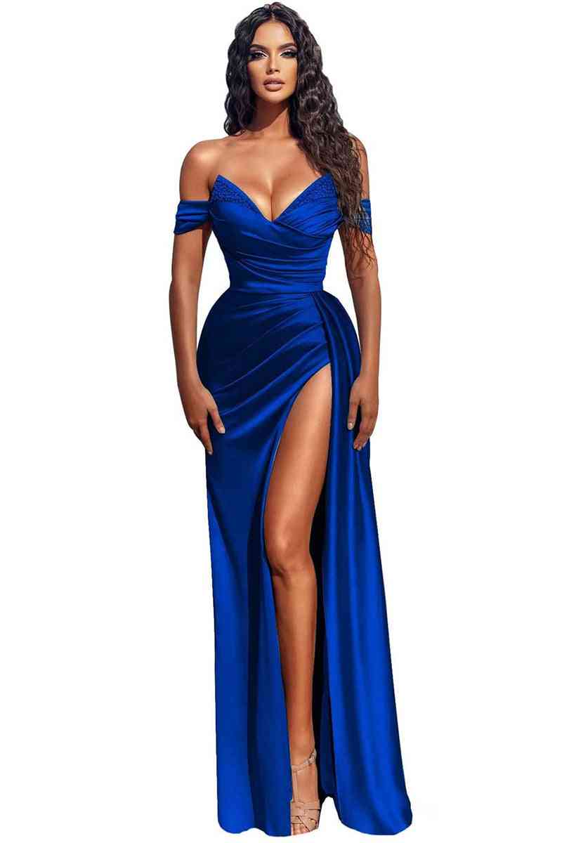 Modern Off-the-Shoulder Dusty Blue Mermaid Prom Dress With Slit