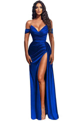 Modern Off-the-Shoulder Dusty Blue Mermaid Prom Dress With Slit