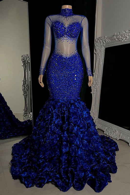 Chic High Neck Long Sleeves Mermaid Prom Dress Flowers Botton With Beads