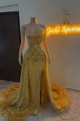 Modern Gold Strapless Beaded Prom Dress Mermaid Split Long With Detachable Skirt