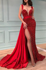 Red Starps Beadings Mermaid Slit Prom Dress With Ruffles