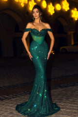 Dark Green Seuqins Prom Dress Off-the-Shoulder Long Mermaid Gown