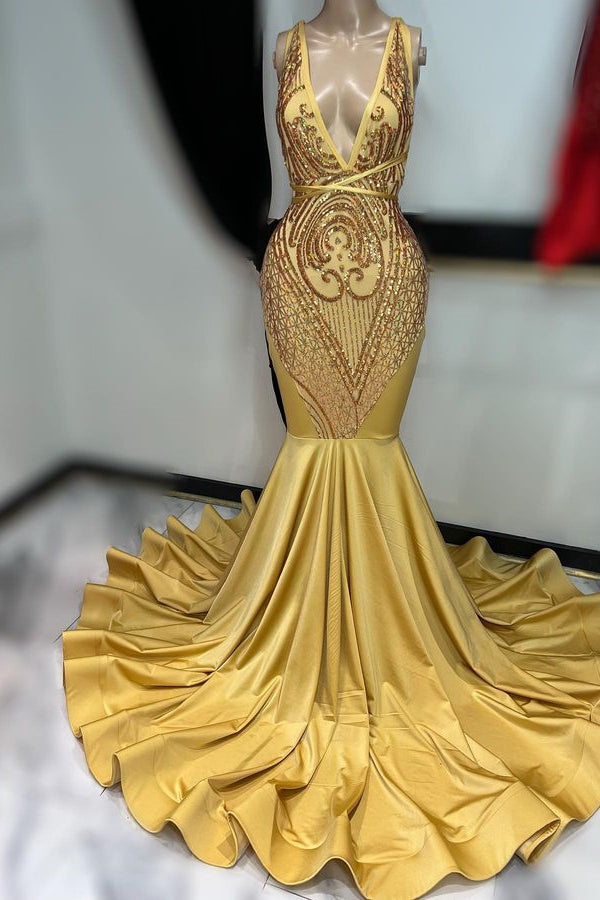 Modern Gold Deep V-Neck Mermaid Prom Dress With Sequins Sleeveless