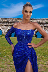 Gorgeous Long Sleeves Sequins Mermaid Prom Dress Royal Blue Party Gowns With Slit