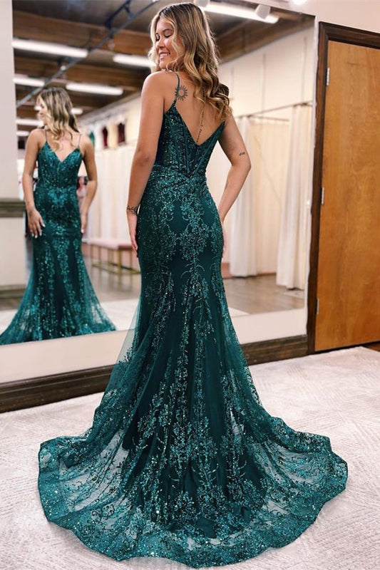 Evening Dress Spaghetti Strap Appliques A-Line Tulle Sequins