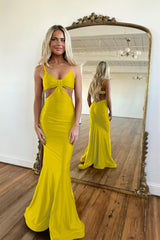 Red Simple Prom Dress Long Spaghetti Straps Mermaid V Neck Backless