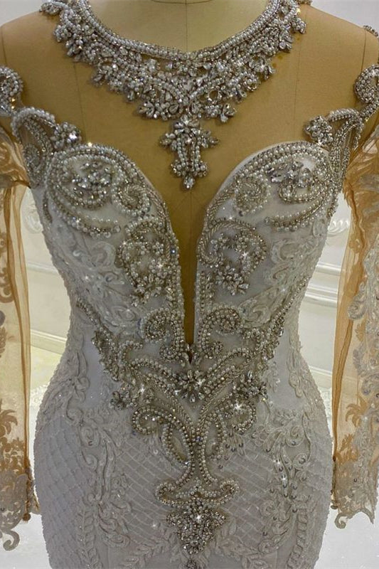 Elegant Mermaid Wedding Gown with Beaded Long Sleeves and Applique