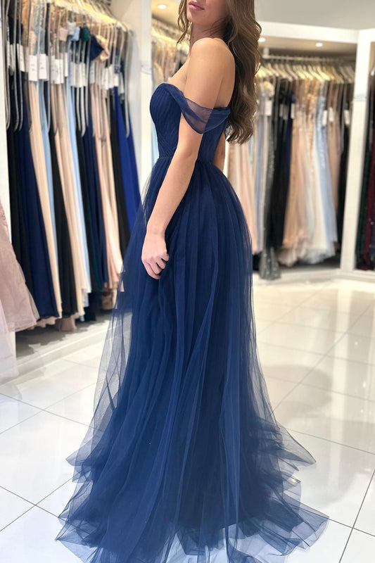 Modern Dark Navy Off-The-Shoulder Sweetheart A-Line Prom Dress Tulle