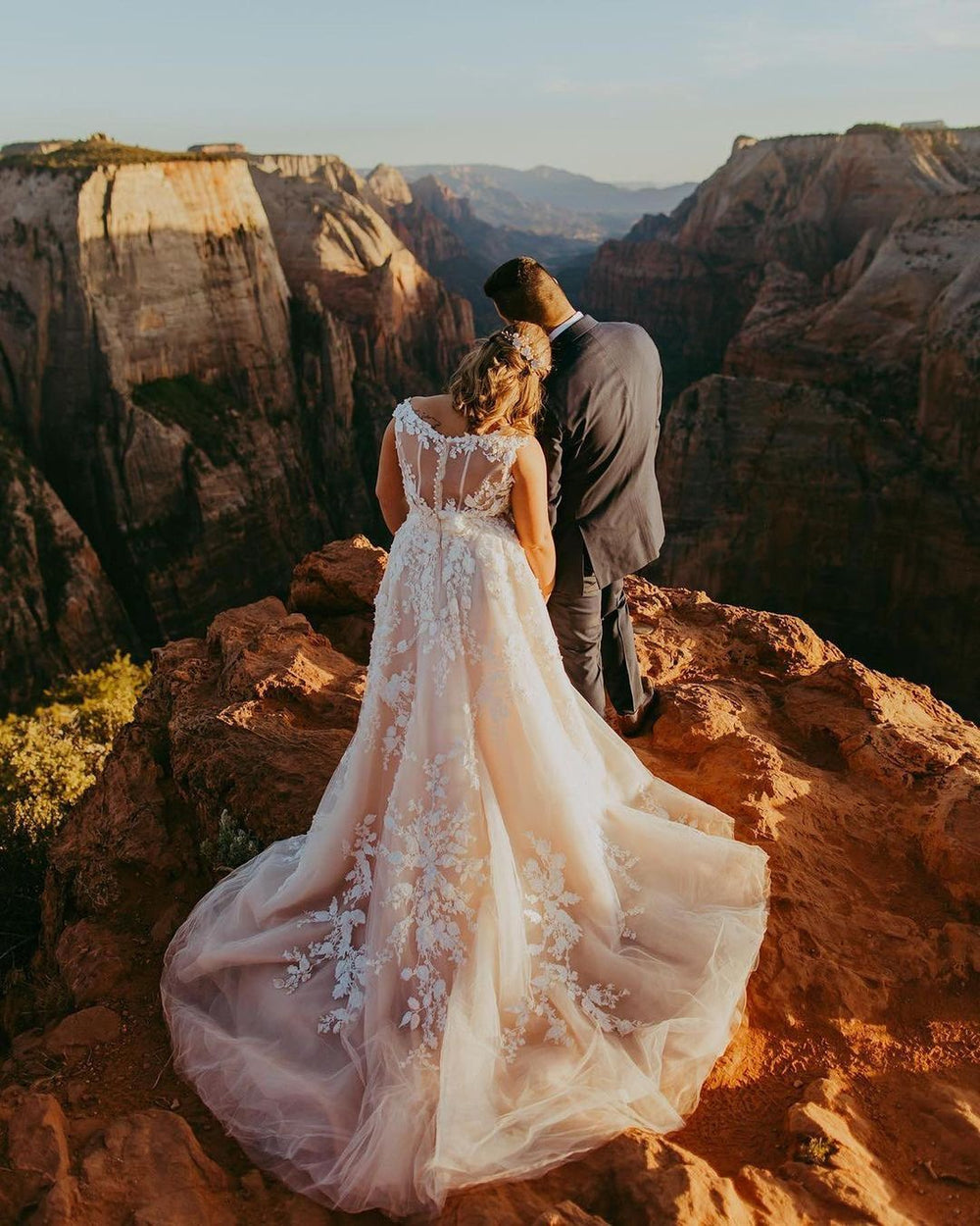 Elegant V-Neck A-Line Wedding Gown with Lace Appliques and Tulle Train
