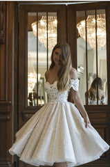 Elegant Short A-line Bridal Gown with Off-the-Shoulder Neckline and Lace Appliques