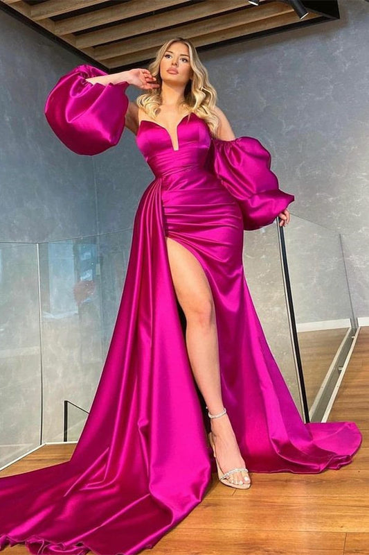 Stunning Fuchsia Mermaid Long Prom Dress Slit Ruffles With Detachable Sleeves
