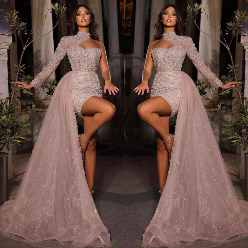 New Arrival High Neck Long Sleeves Short Prom Dress With Pearls Ruffle