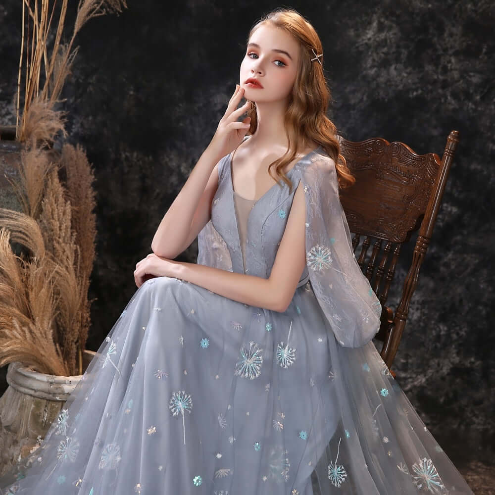 New Arrival Grey Ruffles Long Prom Dress Tulle With Embrodiary