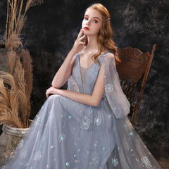New Arrival Grey Ruffles Long Prom Dress Tulle With Embrodiary