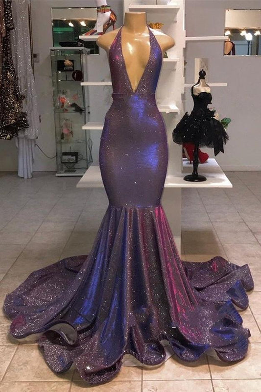 Deep V-Neck Mermaid Sequins Prom Dress Long Party Gowns