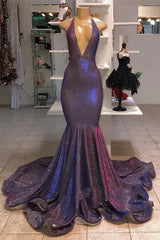 Deep V-Neck Mermaid Sequins Prom Dress Long Party Gowns