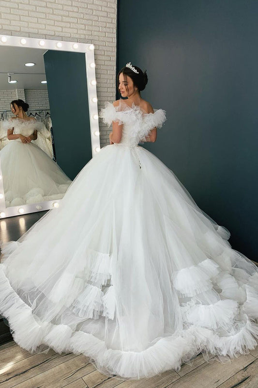 Elegant Off-The-Shoulder Pleated Ball Gown with Tulle Ruffles